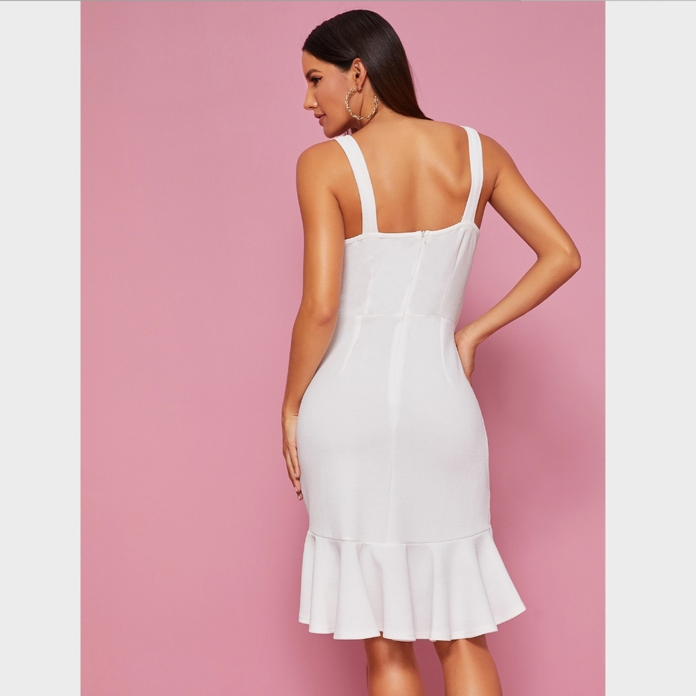 White Sheath Ruffle Detail Asymmetrical Dress - Picture 4 of 8